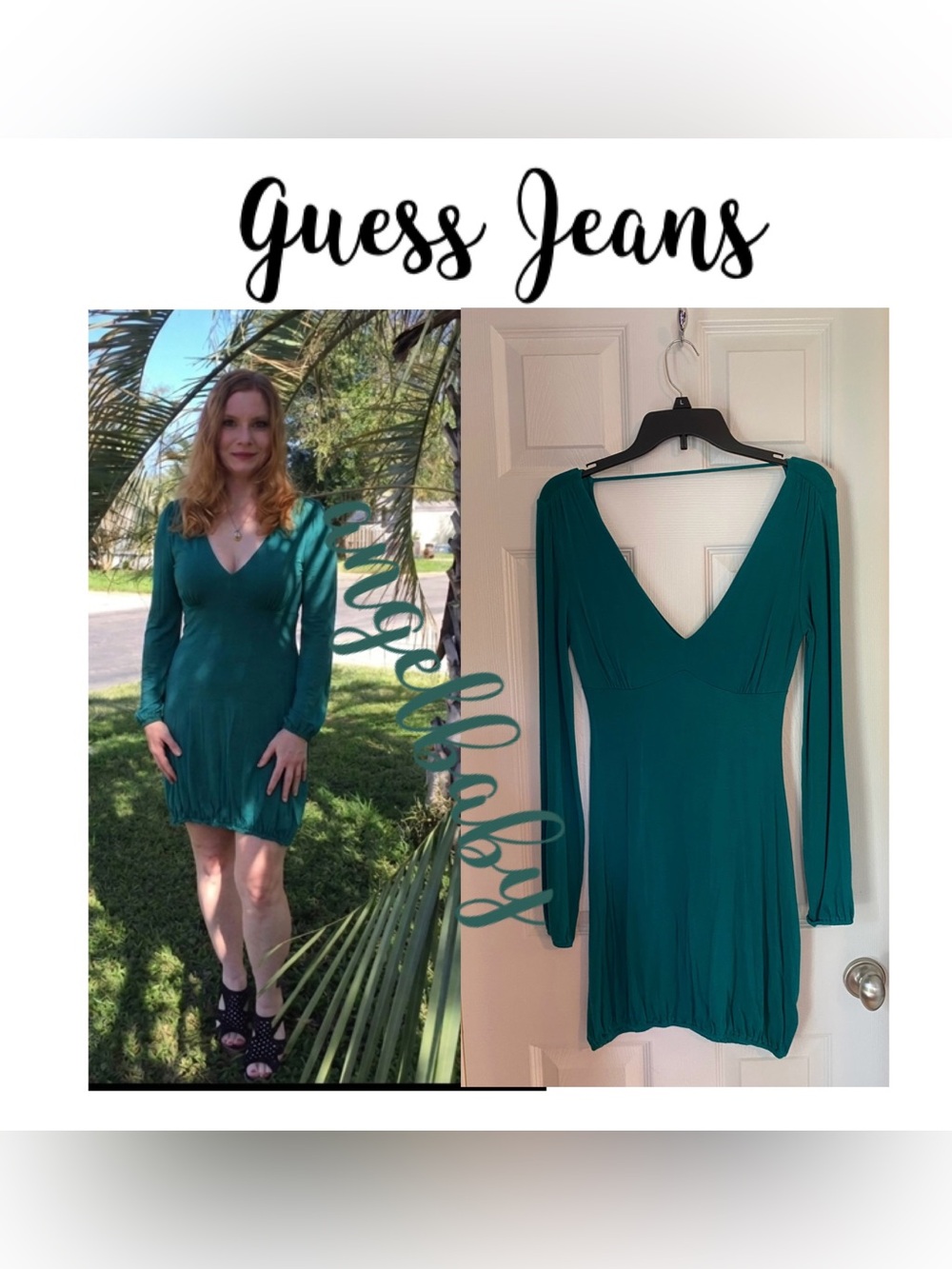 GUESS Jeans Long Sleeve Deep V-Neck Mini Dress.